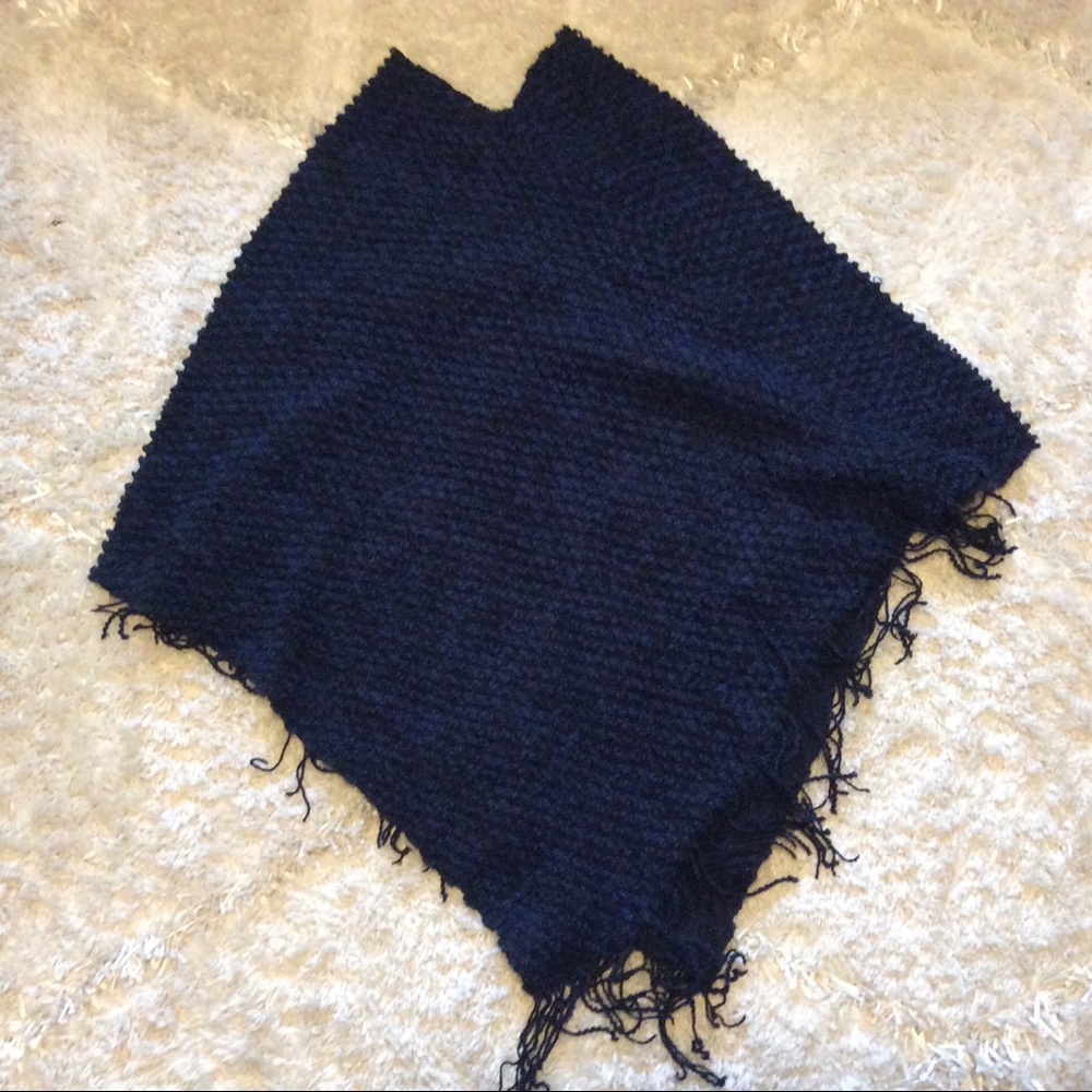 Highness Navy Black Fringed Poncho Sweater OSFA